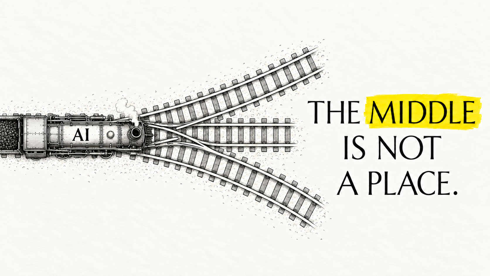 Overhead ink drawing of a steam locomotive labeled AI approaching three railway routes. The upper and lower tracks curve outward beside the words The middle is not a place, with MIDDLE highlighted yellow.