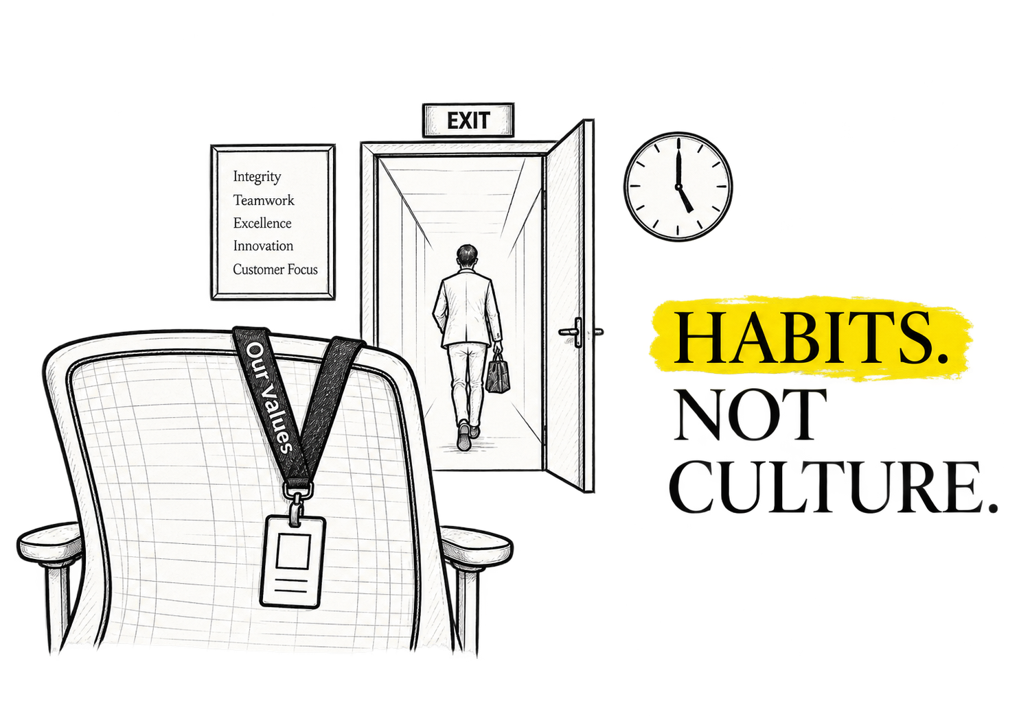 An employee leaves through an office door while an Our Values lanyard remains on an empty chair. Habits. Not culture., with HABITS highlighted yellow.