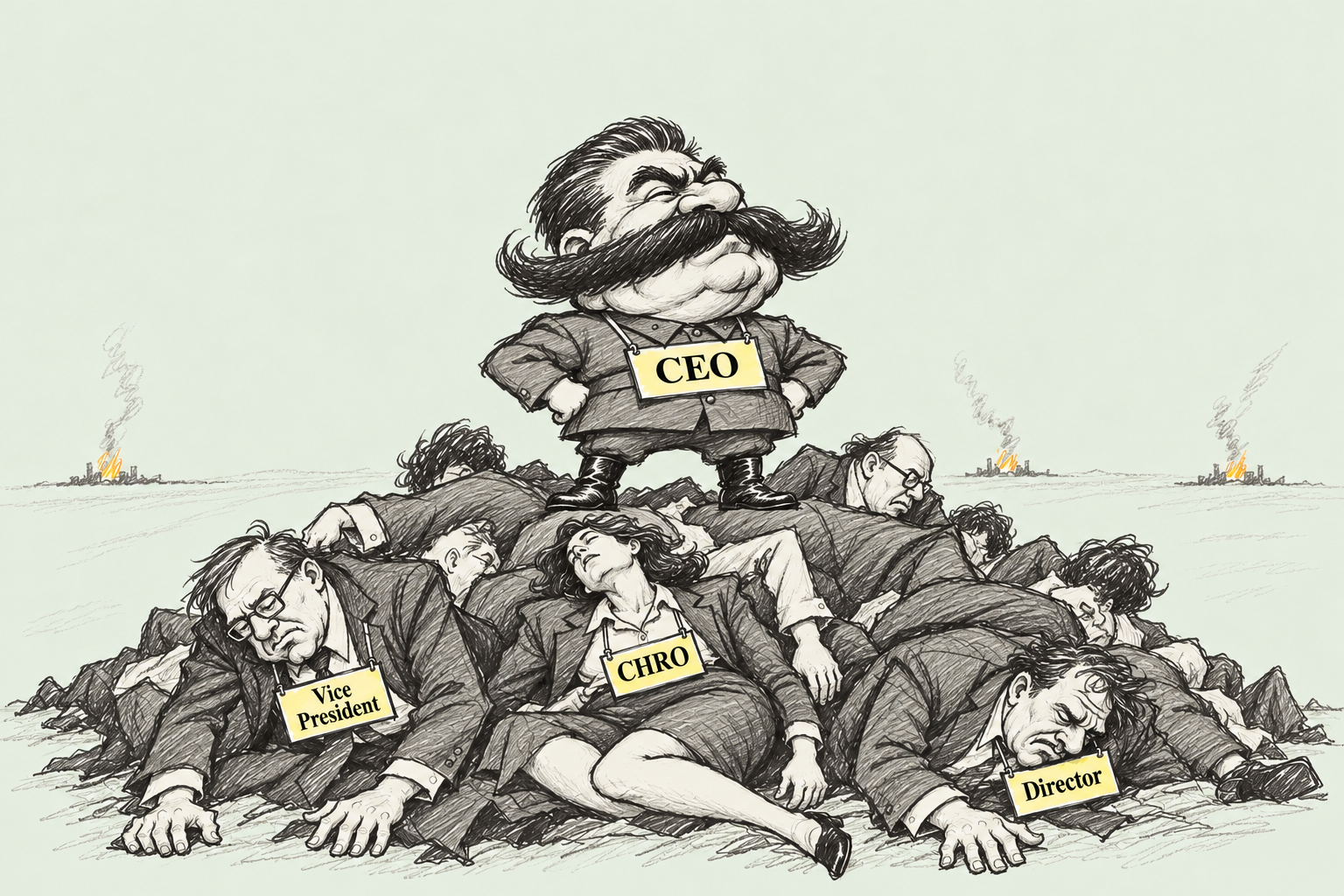 Satirical caricature of Stalin, wearing a CEO plaque and standing above fallen executives, with a few distant fires.